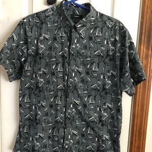 Theory Men’s Grey Geometric Button Down Short Sleeve Shirt Size Medium